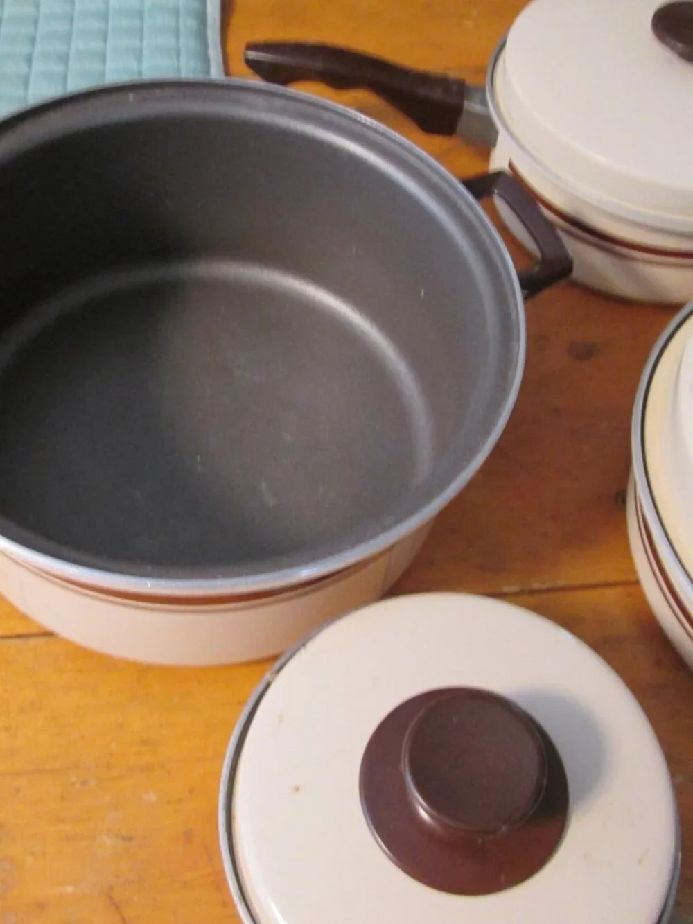70s boho Mirro almond brwn stripe pots pan set 7 pc